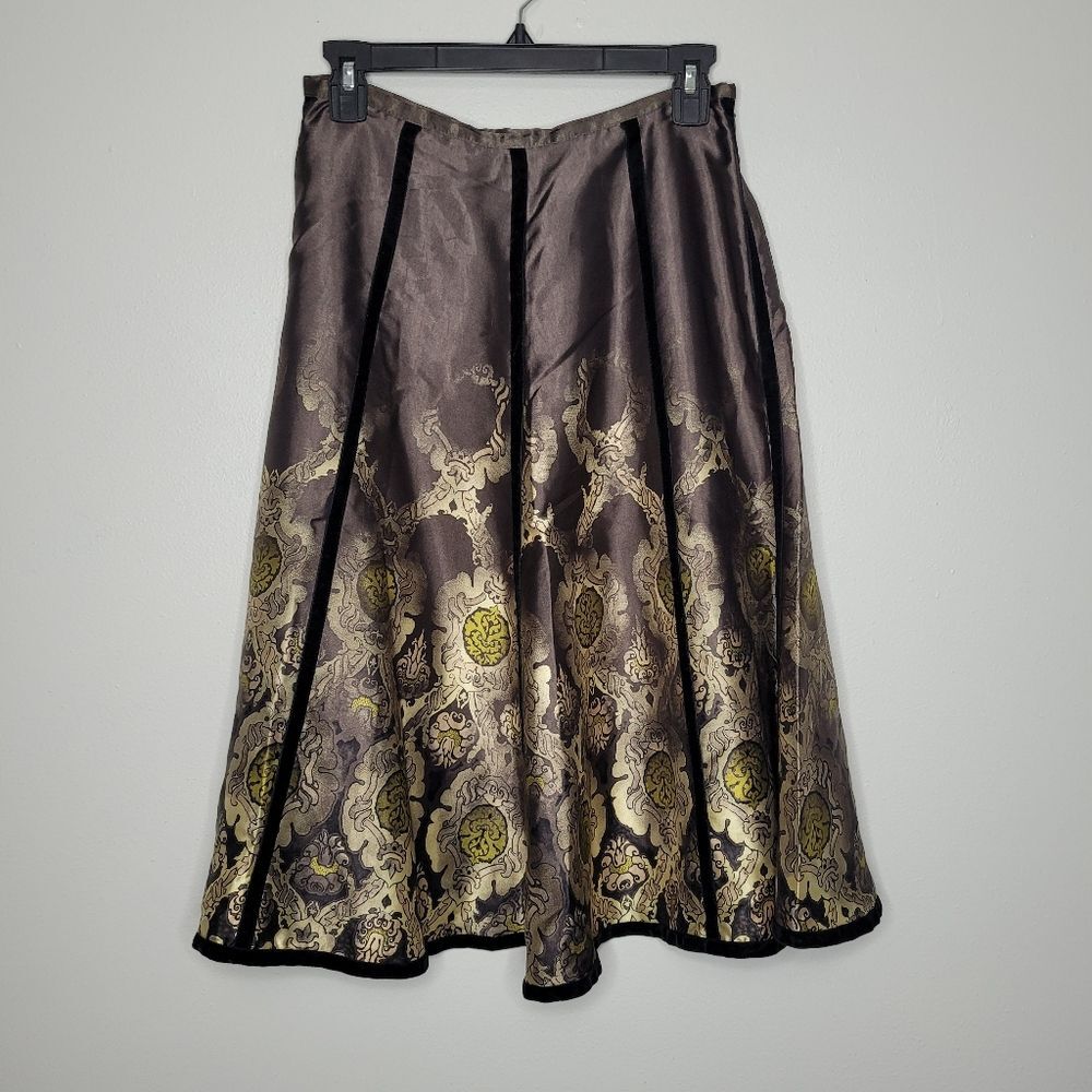 Vintage 90s Y2k Apostrophe brown gold fairy core a line Satin Velvet Skirt 4